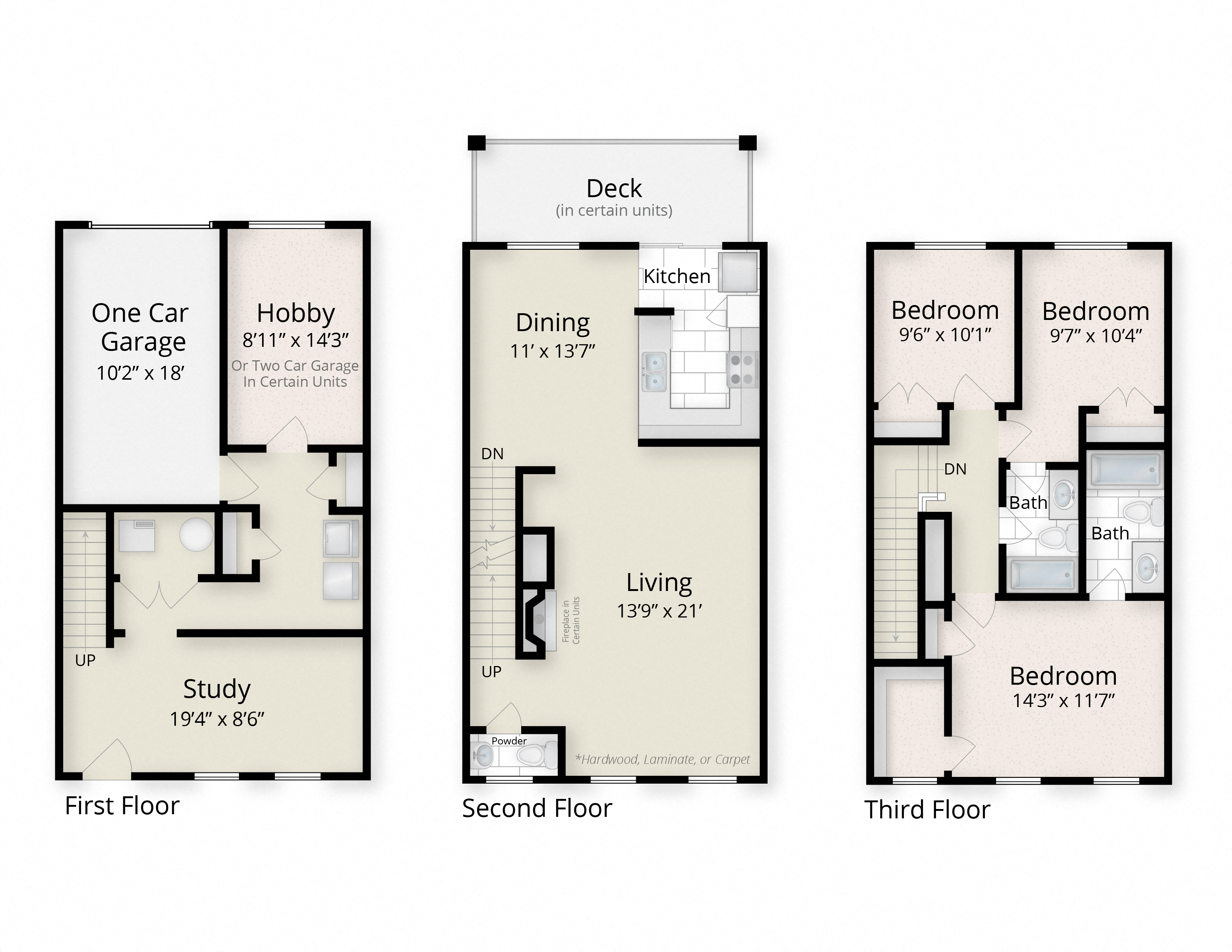 Floor plan for 3 beds, 2 baths, 1552 sqft
